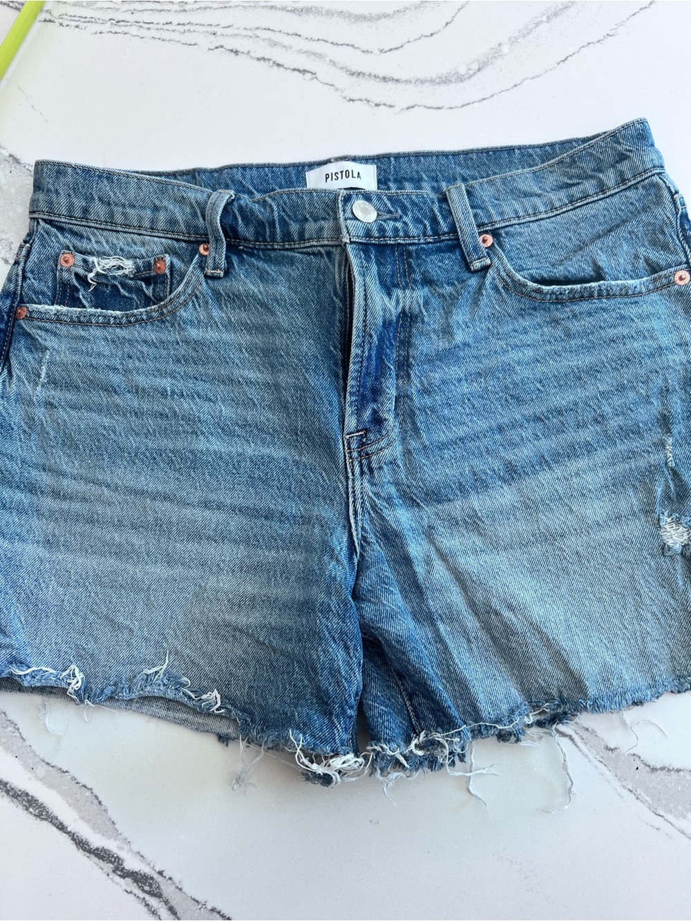 pistola Medium Blue Frayed Hem Denim Shorts